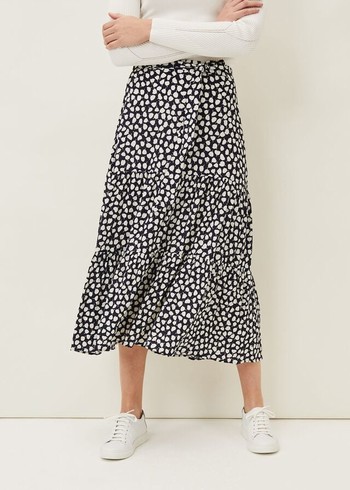 Phase Eight Tana Leaf Print Skirts Navy/White Canada | FKINPZ-048